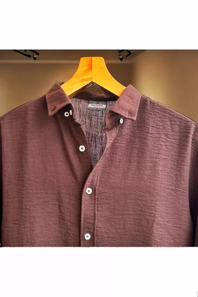 قميص رجالي واسع بياقة قميص وأكمام طويلة من الكتان الصيفي