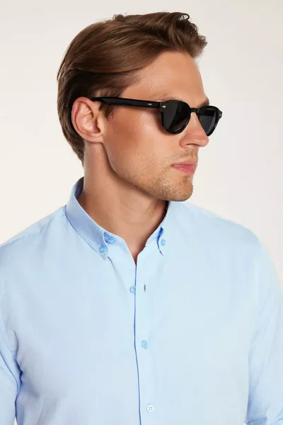 Chemise pour homme à coupe slim fit, manches longues, en coton Oxford, facile à repasser, bleue, avec col boutonné