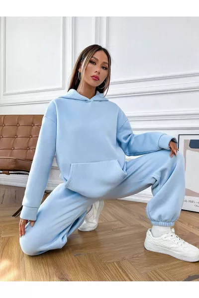 طقم رياضي مود سويتشيرت وجوجرز - أزرق فاتح للأطفال بكبسة مطبوعة هودي أُوفرسايز مبطن