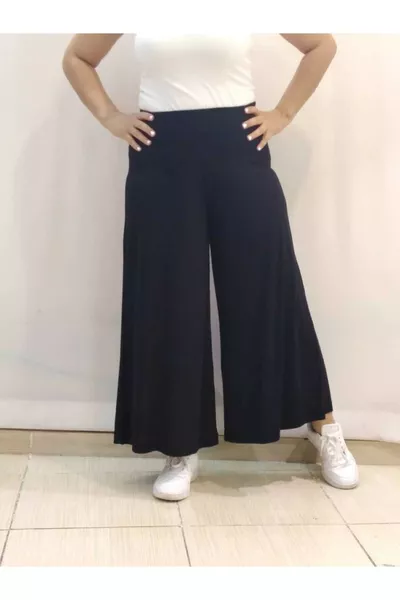 Black Elastic Waist Wide-Leg Jersey Viscose Pants Skirt