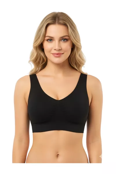 صدرية مشدّة سوداء بحمالات عريضة لتجميع الصدر، مبطنة للحماية من الترهل وتحسين الوضعية