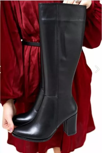 Kadın Topuklu Uzun Çizme Kadın Siyah Fermuarlı Diz Altı Boy Topuklu Çizme 