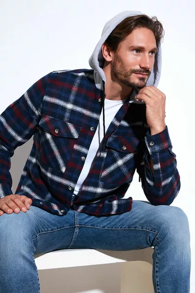 Карирана риза с двоен джоб с качулка Мъжка риза 