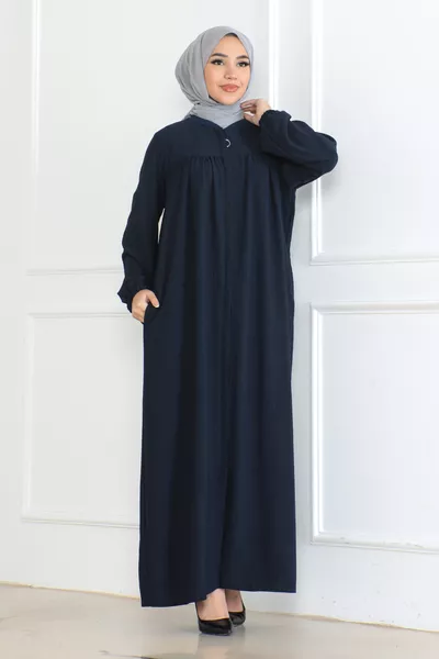 Daily Robe-Style Mevlana Dress with Lining, Navy Blue