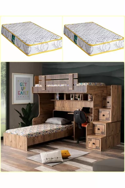 Lits superposés, Lit superposé naturel avec bureau et 2 matelas confort