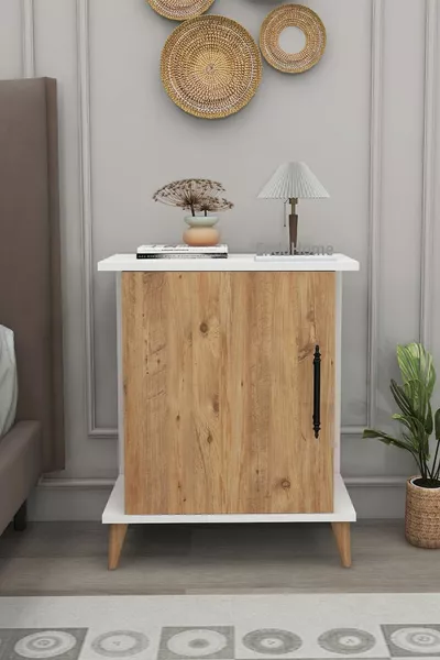 Светъл нощен шкаф с чекмедже и гардероб с една врата и 2 рафта за спалня - Бор