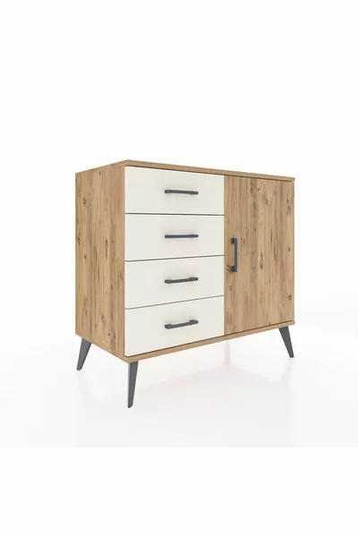 Commode Hyperion avec une étagère, 4 tiroirs et une porte, pin-pin / pierre de lune