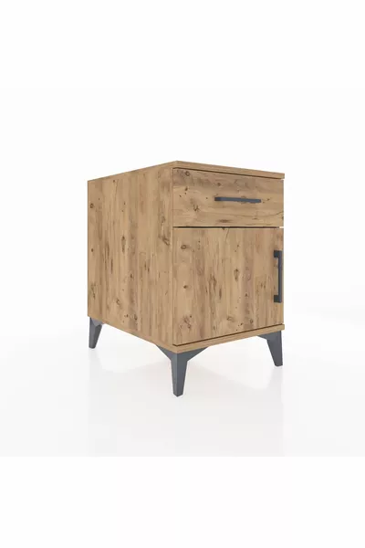 Comodino Kronos con un ripiano, un cassetto e una porta, in pino-pino