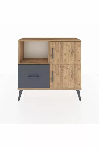 خزانة أرجس بدرجين ورفين وغطائين، خشب صنوبر - رمادي داكن