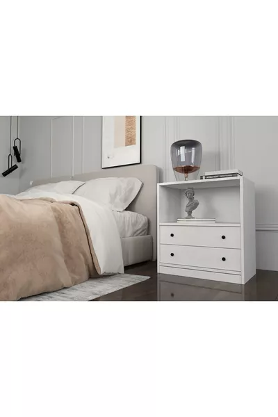 Table de chevet blanche à deux tiroirs avec étagère, sans moulure