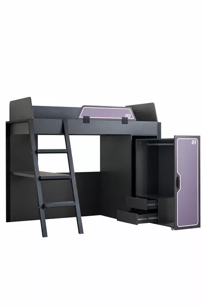 غرفة لاعب بطابقين، سرير بطابقين للاعب مع مكتب وخزانة و إضاءة LED