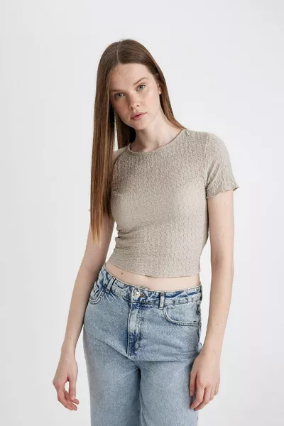 Fitted Bisiklet Yaka Bürümcük Kısa Kollu Tişört SM