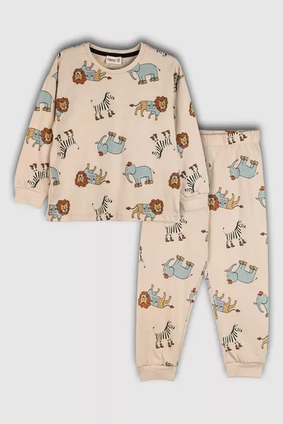 Cute Animal (Lion-Zebra-Elephant) Patterned Boys' Pajama Set
