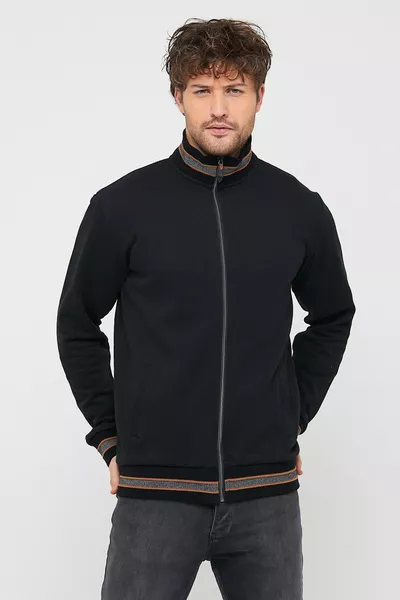 Cardigan noir à manches longues à col montant et fermeture éclair pour homme
