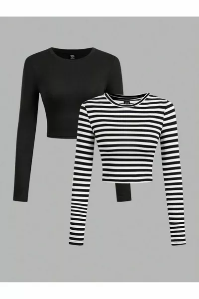 Maglietta corta a maniche lunghe da donna, a coste, girocollo, in % cotone, confezione da 2