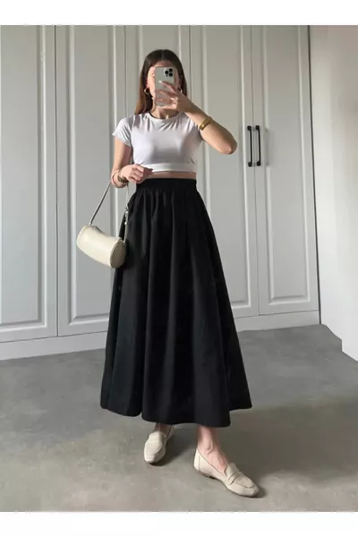 Elastic Waist with Pockets Poplin Skirt