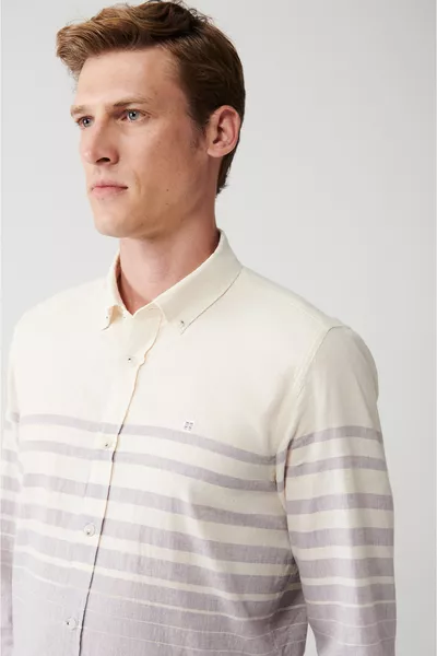 Erkek Açık Mor Pamuk Keten Karışımlı Çizgili Gömlek 