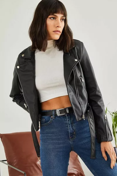 Women's Black Leather Jacket with Zipped Sleeves