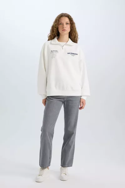 سويت شيرت سميك بطبعة على الظهر بسحاب نصف طويل، قصّة واسعة الحجم WN