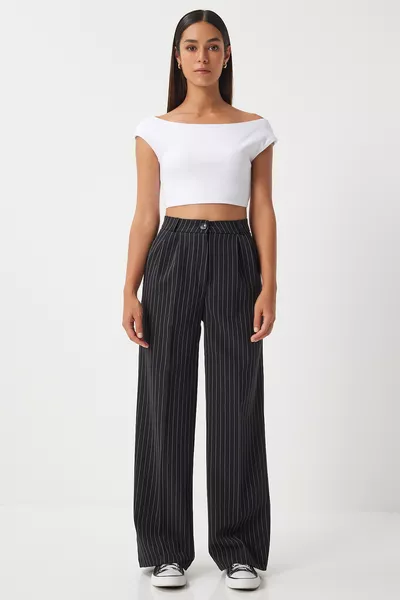 Women's Black Pinstripe Masculine Palazzo Pants 