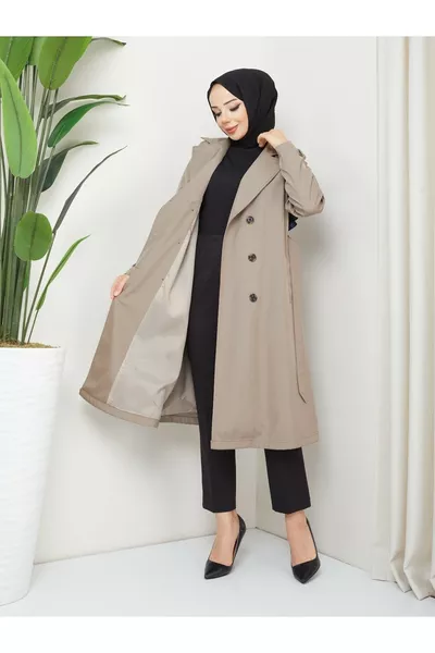 معطف جينز نسائي كبير الحجم موسمي مزود بأزرار وحزام تفصيلي