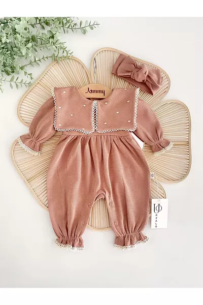 Maita Tulum Square Handkerchief Neck Heart Embroidered Waffle % Cotton Romper and Bandana Set