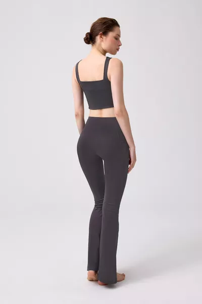 Дамски клин с висок талия, двойни джобове и испански крачоли в цвят дим