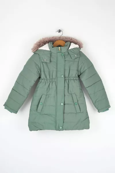 Thick Fiber-Filled Water, Wind, and Rainproof Hooded Girls' Luxury Green Puffer Winter Jacket