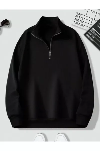 Black Unisex Sweatshirt with Half-Zip and Stand Collar