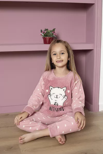 KAPI KIDS Long Sleeve Weekend Cat Powder Pink Girl Fleece Kids Pajama Set