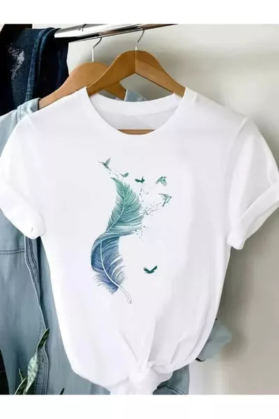 Unisex Trend T-shirt with Feather and Seagull Print