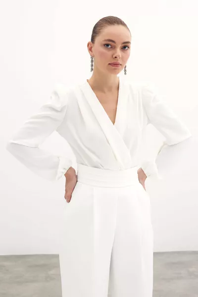 Kruvaze Vatkalı Bodysuit - Ekru