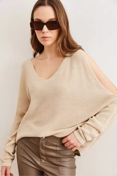 Kadın Taş V Yaka Omuz Dekolteli Salaş Triko Bluz 