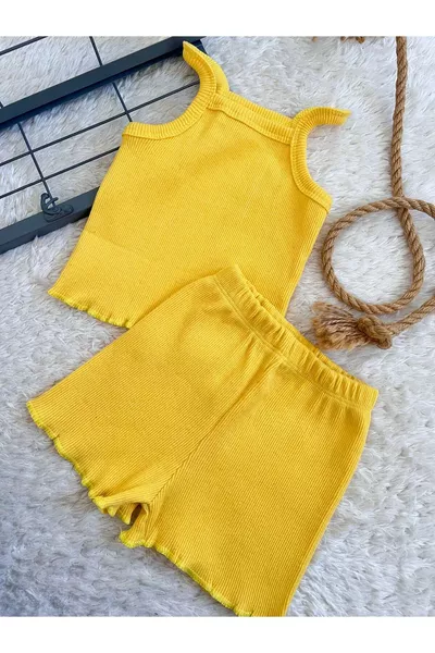 Sarı Bebek Çocuk Fitilli Ribana Crop Takım Alt-üst Yazlık Şort Takım