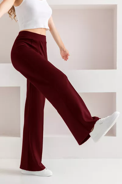 Women's Burgundy High-Waist Shaping Ribbed Front Wide-Leg Modal Fabric Leggings Pants