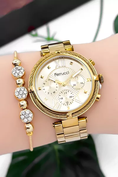 Damenuhr mit Stahlarmband, Stahlgehäuse, steinbesetztem Armband, Geschenk, Gold 