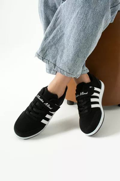 Kinder zwart-wit veterschoenen met één klittenband, flexibele lichte kunstleren unisex kindersneakers