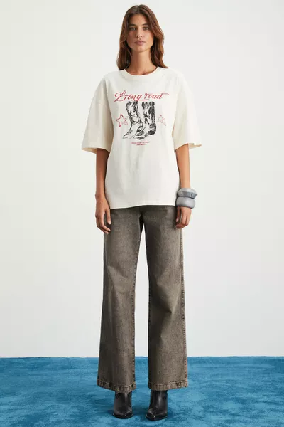 Majer Damen % Bio-Baumwolle Western-Motiv Print Regular Fit Creme T-Shirt