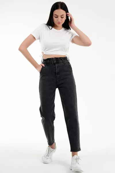 Serenay taille haute Mom Jean Denim élastiqué Anthracite Lycra Boyfriend Pantalon