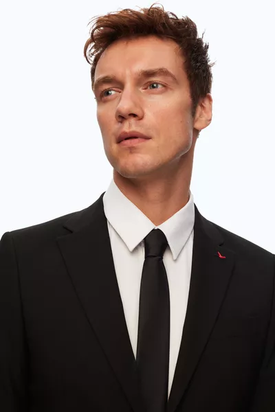 Abito da uomo Ds Damat Slim Fit nero liscio con Lycra, collo mono, spacco doppio, foderato