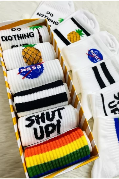 جوارب رجالية ونسائية، جوارب طويلة، جوارب ملونة مزخرفة، 6 قطع