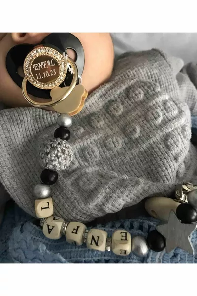 سلسلة مصاصة للأطفال باسم و طقم مصاصة بسيلكون مع حجر الكهرمان الأسود للفم (0-6 أشهر)