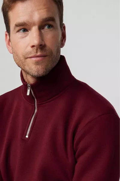 Унисекс Суитшърт с релаксирана кройка, удобен, памучен, подплатен с полар отвътре, с половин цип и висока яка, бордо