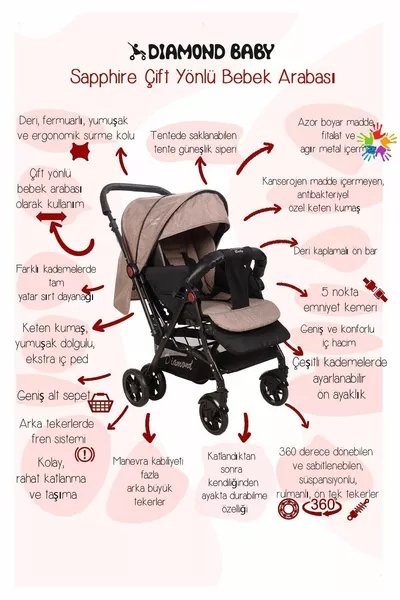 عربة أطفال بنية اللون من الياقوت قابلة للاستخدام في اتجاهين