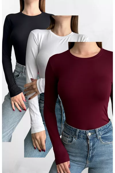 بدلة بيسكيت بأكمام طويلة برقبة دراجة ثلاثية الألوان: أسود-أبيض-قرمزي