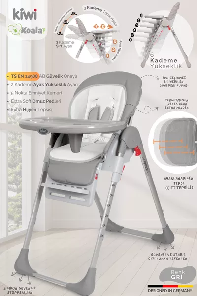 Преносим сгъваем стол Koala Mama с регулируема височина, колела и пад с пълнеж - сив цвят