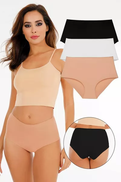 سروال داخلي نسائي خصر عالي بدون خياطة مع قطع بالليزر (مع خصر مطاطي) مجموعة من 3 قطع
