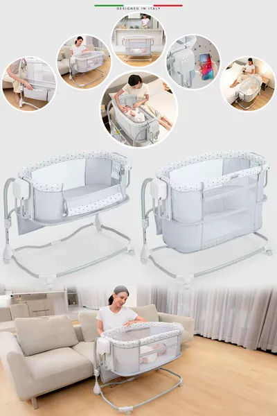 سرير أطفال كهربائي أوتوماتيكي متأرجح بجانب الأم، سرير محمول، رمادي