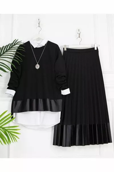 طقم بفستان بتفاصيل جلدية