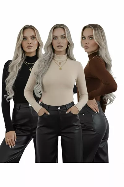 Likralı Viskon Esnek Kadın Balıkçı Yaka Uzun Kollu Body 3’lü Paket (Siyah–Kahve–Bej) | Günlük & Ofis